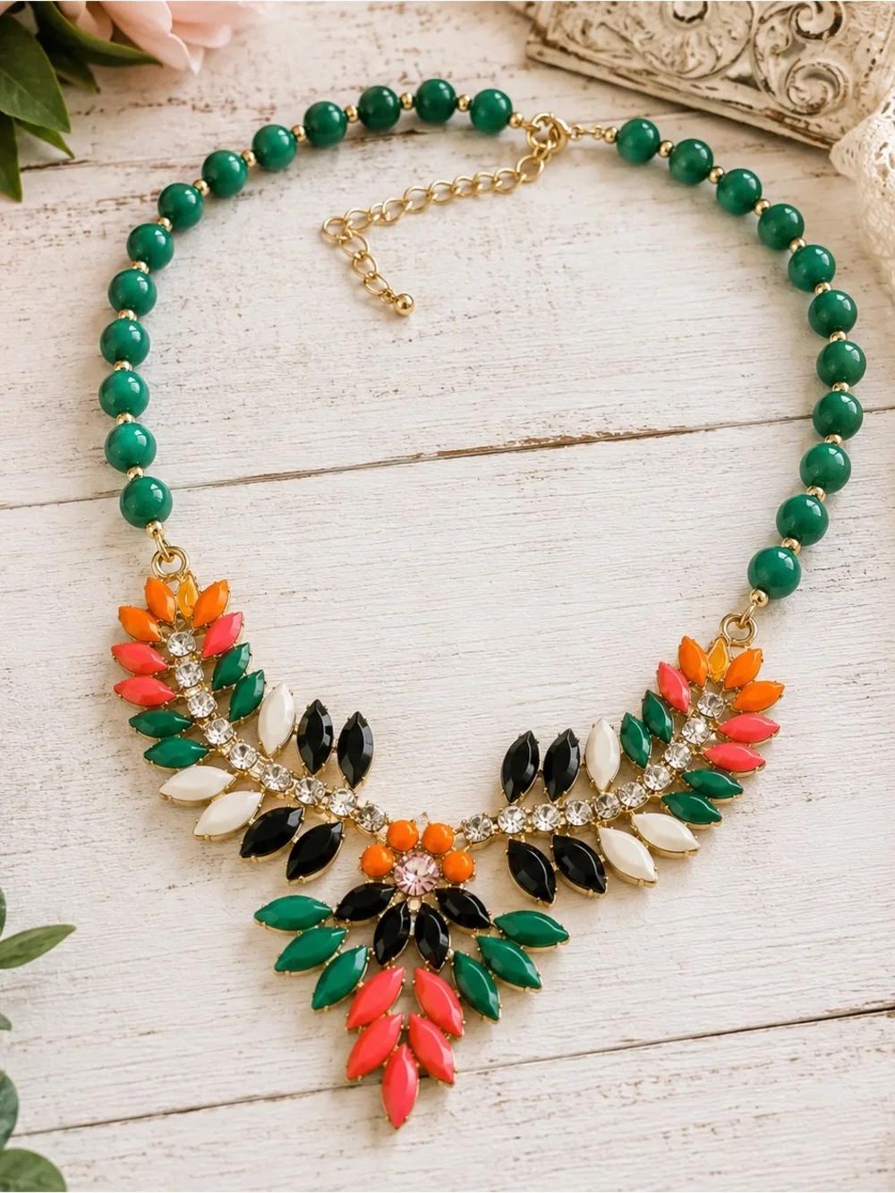 Boho Multicolor Rhinestone Floral Statement Necklace Bib Jewelry